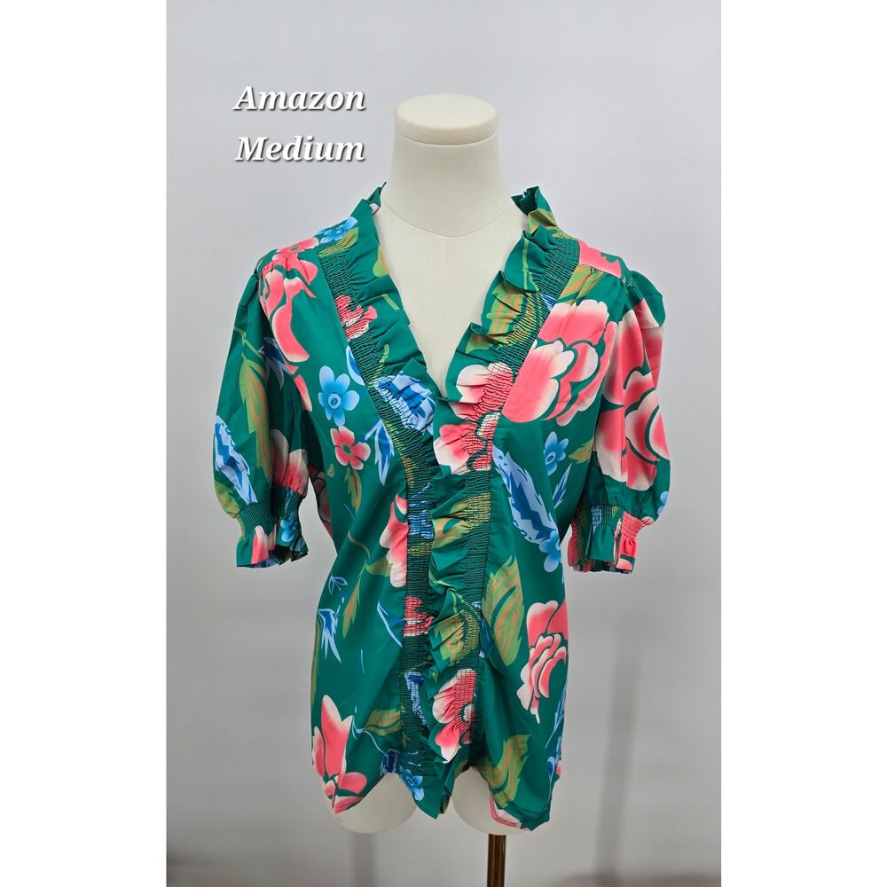 Tropical Island Teal Botanical Floral Ruffle Top‎ Amazon Medium Vacationcore